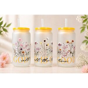 God Is Good Frosted Glass Tumbler with Straw, Floral Faith Cup
